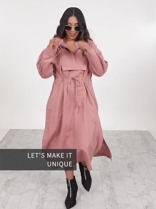 Buy BOWER Dusky Pink Solid Cotton Linen Midi Anorak Dress with