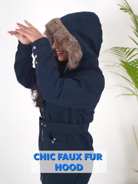 Buy Chemistry Women Navy Blue Solid Faux Fur Trim Longline Parka
