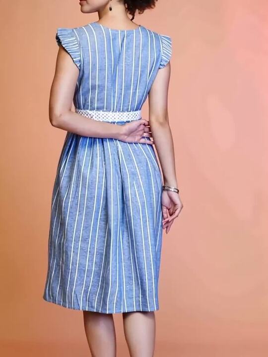 Buy TextileNow Striped Cotton Flutter Sleeves Fit & Flare Midi