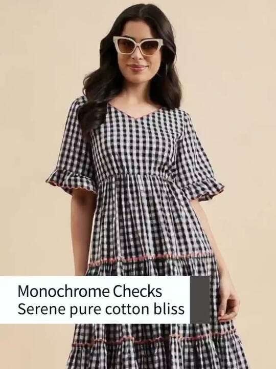 Buy Azira Checked Cotton Empire Puff Sleeve Layered Fit & Flare