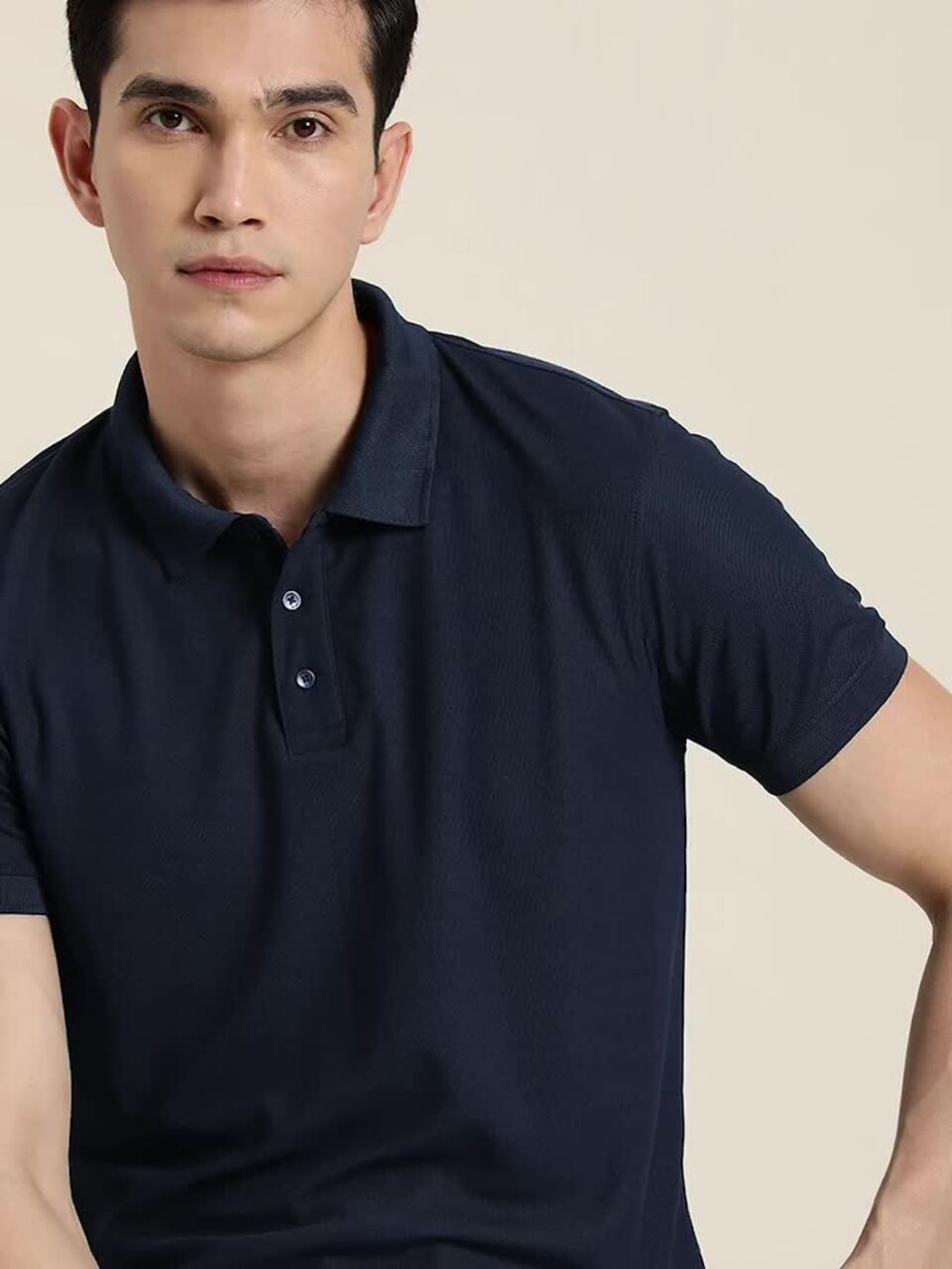 ether Men Navy Blue Solid Polo Collar Indigo Antimicrobial Slim Fit T-shirt