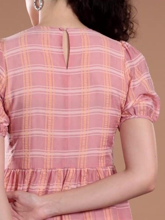 Buy Urban Revivo Plaid Checked Puff Sleeve Tiered Midi Dress