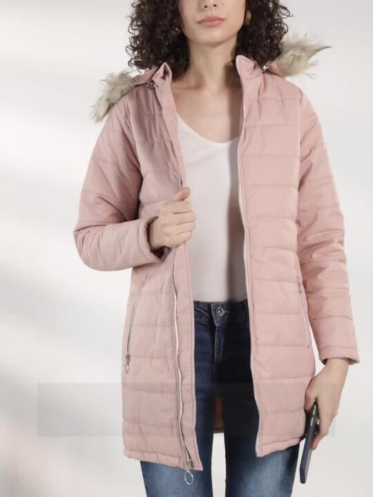 Buy Chemistry Women Peach-Coloured Solid Parka Quilted Jacket