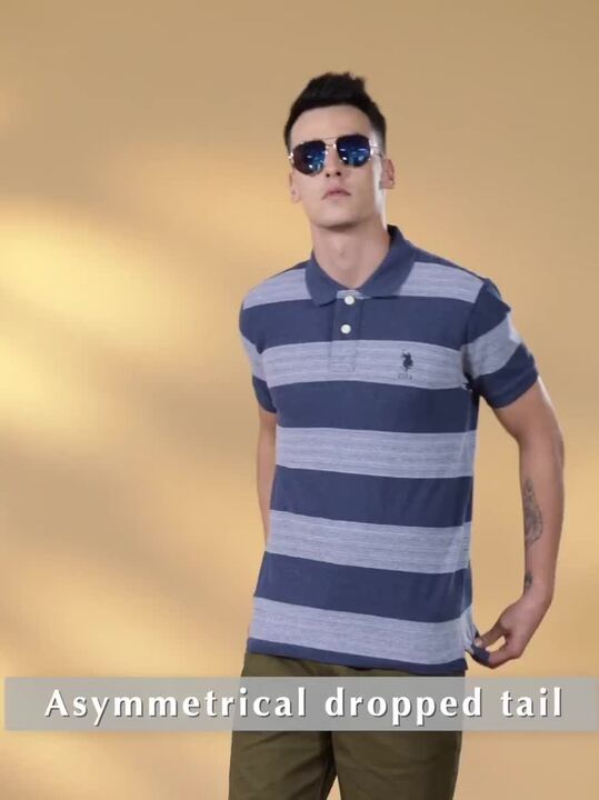 Buy Polo Men Navy Blue Striped Polo Collar Pure Cotton