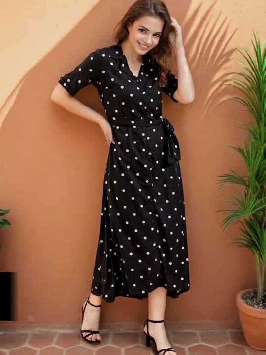 Freehand by The Indian Garage Co Black White Polka Dots Printed Fit Flare  Midi Dress