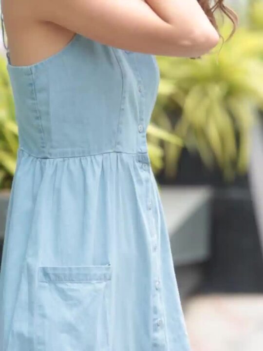 slim fit dress slacks Denim Sleeveless Button Down Midi Dress In Light – Infinity Raine main image 1