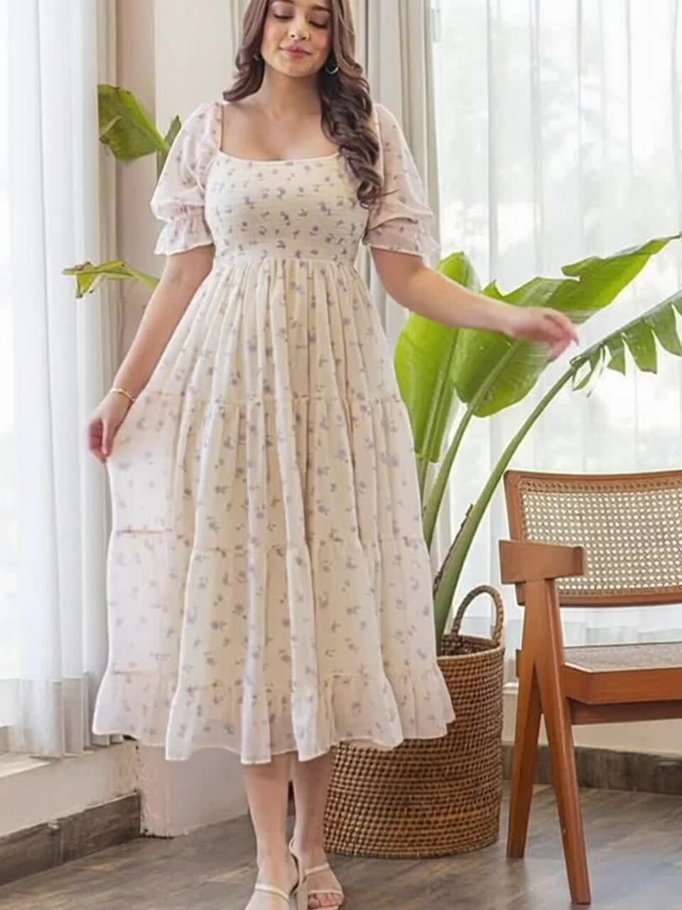 ぷー341✨アディアム Plumeria Knit Dress ひざ丈 Buy CORSICA Floral Print Puff Sleeve Georgette Fit & Flare Midi