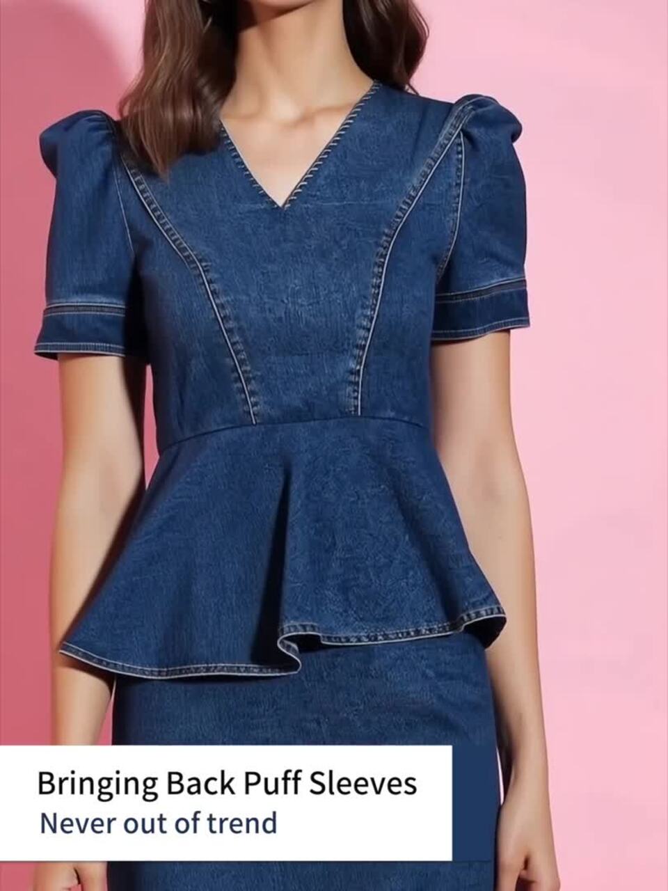 Buy StyleStone Blue V-Neck Puff Sleeve Ruffled Denim Peplum Dress