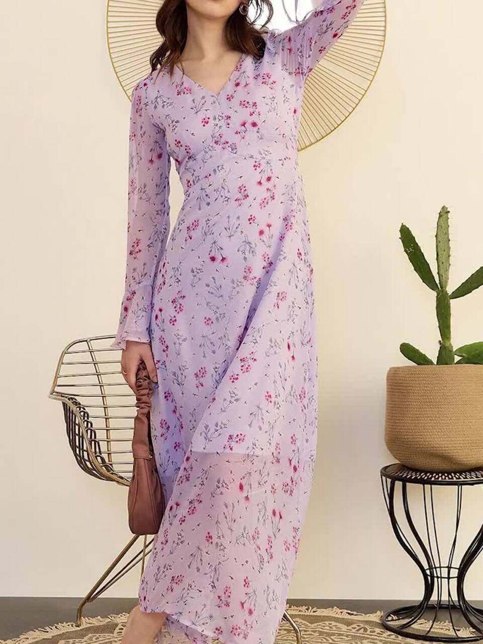 Buy Berrylush Floral Printed Bell Sleeve Chiffon A-Line Maxi Dress