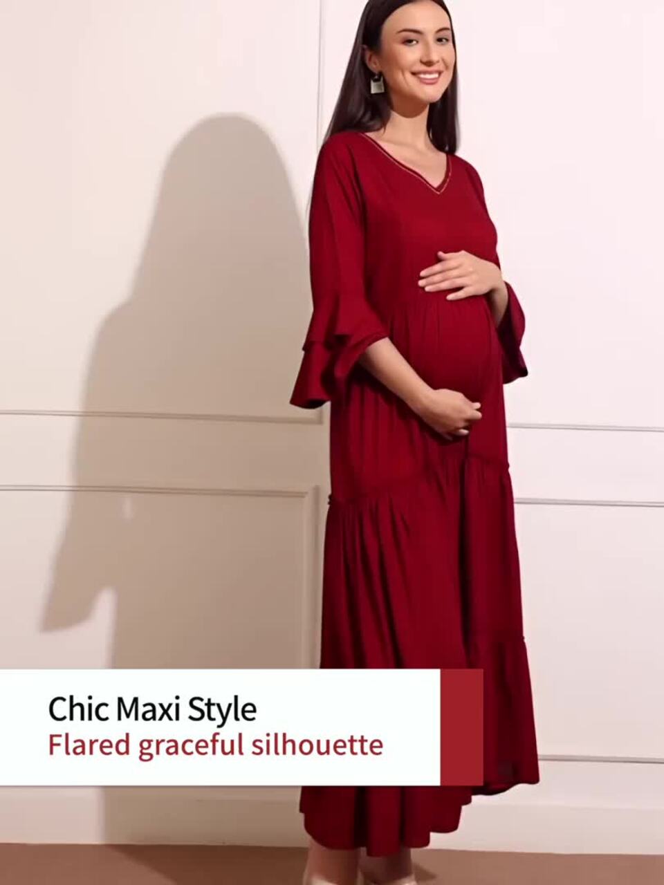 Buy Aanyor Maroon Bell Sleeve Maternity Maxi Dress Dresses for