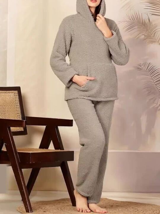 Ladies Nightwear Woolen Night Gown Online Women Beige Solid Sherpa