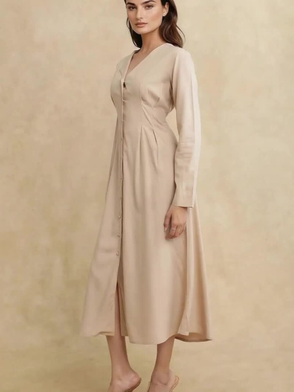 green emerald velvet dress Wardrobes by Chen Luxury Beige Sleeveless V-Neck Slim Fit Pleated Dress-Kira Custom Size / Beige main image 1