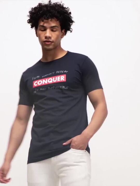 Buy Bewakoof Men Navy Blue Conquer Printed Round Neck Pure Cotton