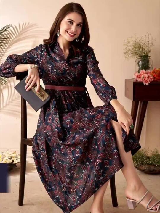 Buy Anouk Women Printed Fit Flared Midi Dress With Belt Ethnic