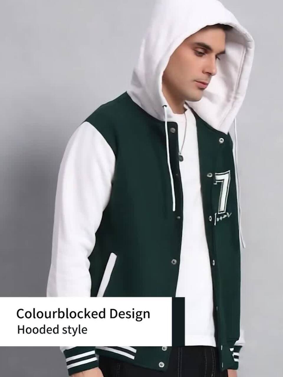 Buy Juxar Men Hooded Colourblocked Cotton Casual Varsity Jacket