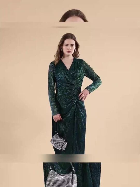Buy RAREISM V-Neck Long Sleeves Shimmer Wrap Midi Dress Dresses