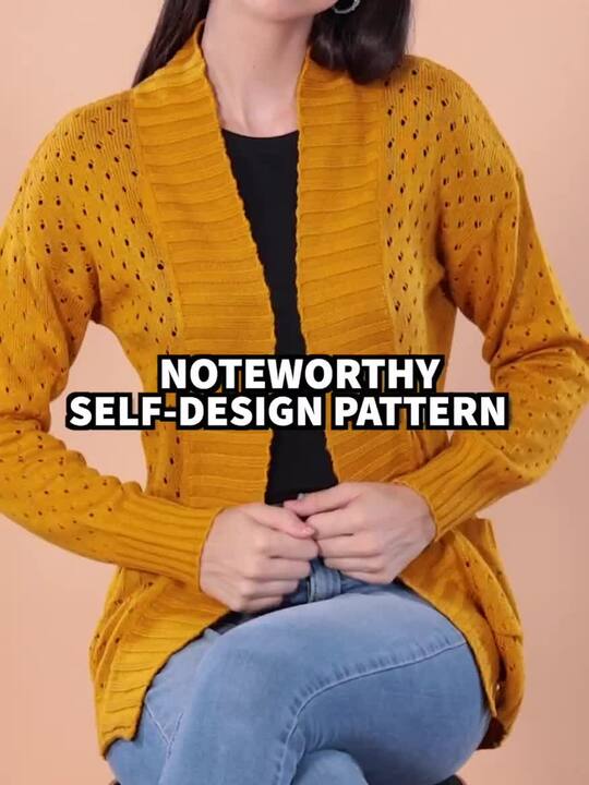 Buy DressBerry Women Mustard Yellow Self-Design Front-Open Sweater