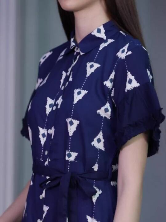 Buy HERE&NOW Navy Blue White Geometric Printed Maxi Shirt Dress