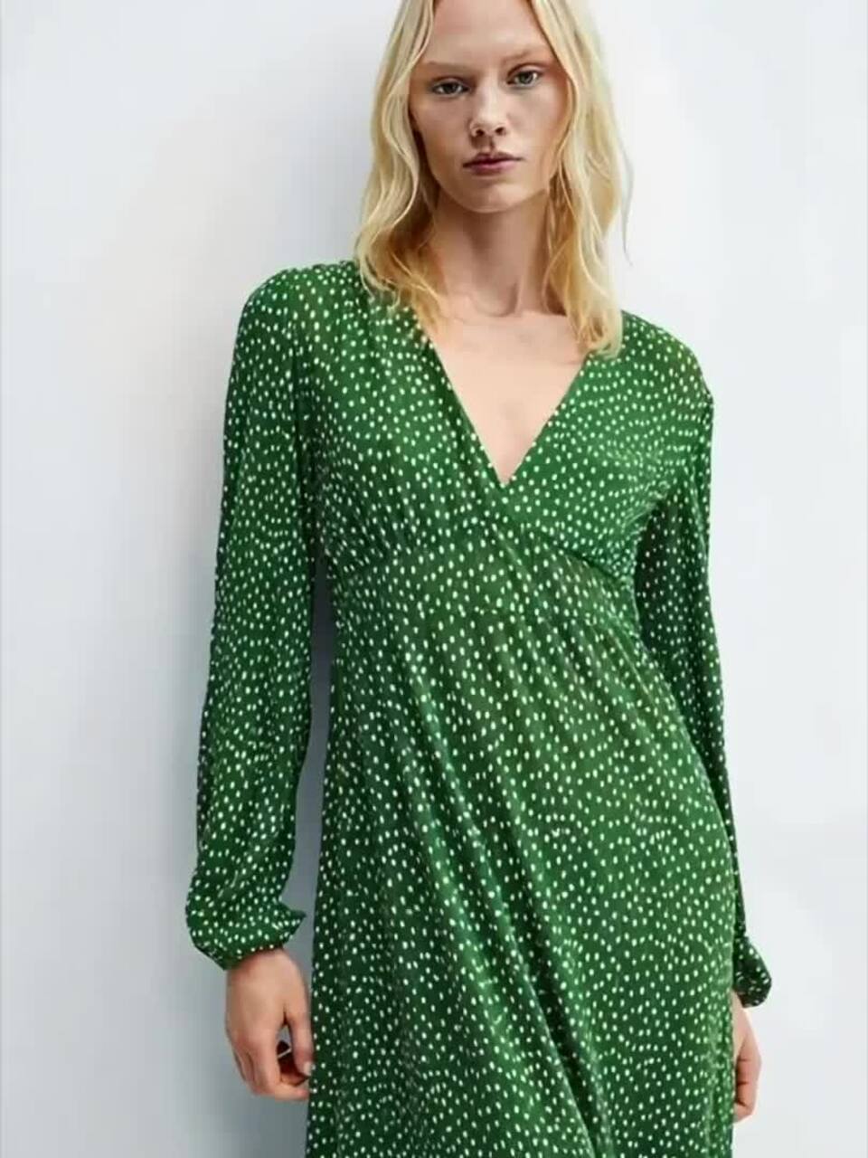 green polka dot dress long sleeve Green Long Sleeve Polka Dots Draped Mini Dress Green / 8