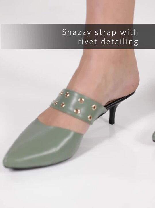 Buy DressBerry Women Olive Green Solid Heeled Mules with Rivets