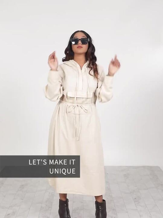 Buy BOWER Beige Solid Cotton Linen Midi Anorak Dress with