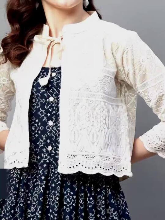 Aarika Women Off White Embroidered Crop Open Front Jacket