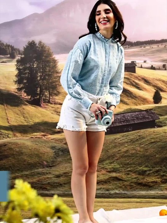 Buy Tokyo Talkies Blue Self Design Mandarin Collar Puffed Sleeves