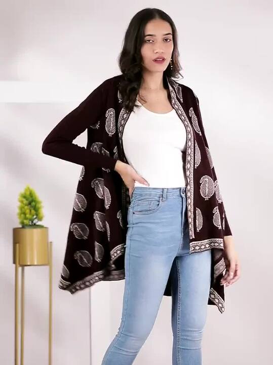 Buy W Women Burgundy Off-White Self-Design Longline Front Open