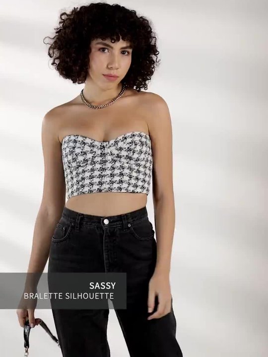 Buy MANGO White & Black Houndstooth Off-Shoulder Monochrome Crop