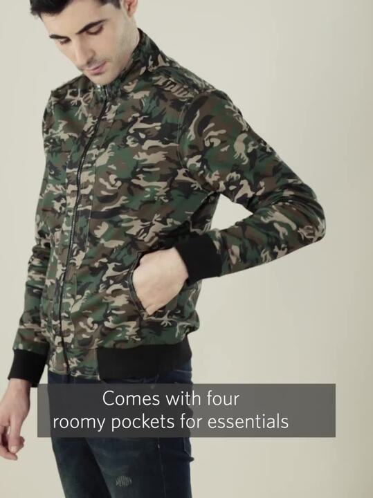 Buy Roadster Men Black & Grey Camouflage Printed Reversible Bomber