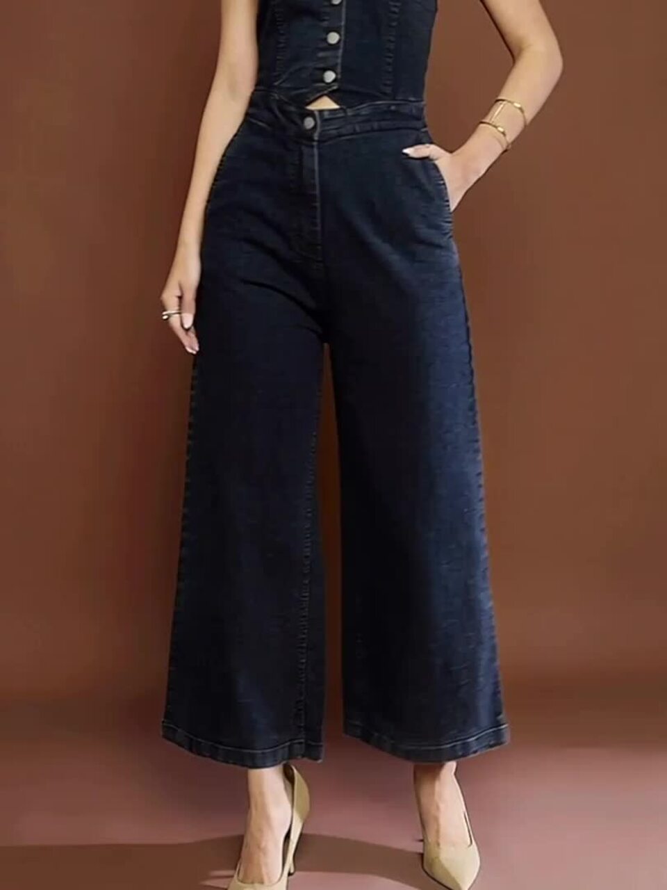 Buy SASSAFRAS Women Cotton Halter Neck Basic Denim Jumpsuit