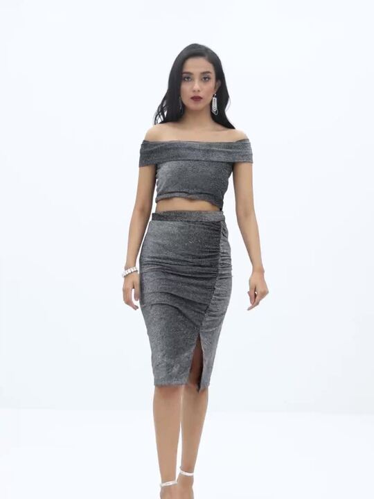 Buy FabAlley Shimmer Off Shoulder Crop Top And Ruched Skirt Co-ord