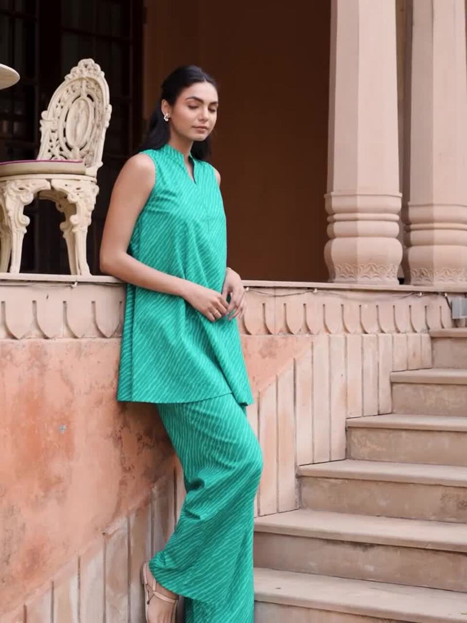 Buy FIORRA Printed V Neck Cotton Tunic With Palazzo Co-Ords - Co