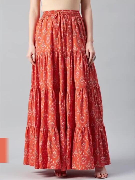 Buy anayna Women Orange Off-White Floral Print Flared Tiered