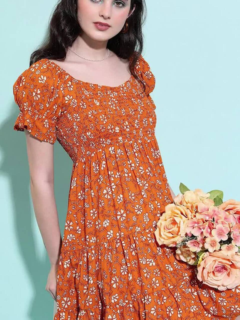 Buy Tokyo Talkies Floral Printed Smocked Tiered Fit & Flare Dress