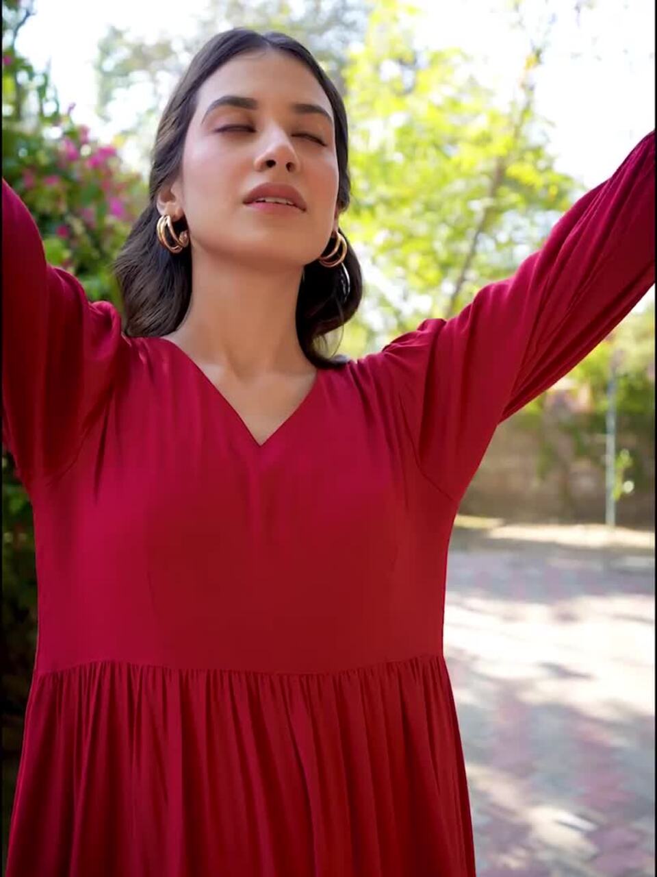 Buy Janasya Women Red Rayon Solid Tiered Dress - Dresses for Women