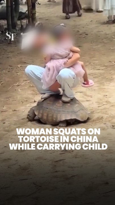 Woman squats on tortoise while carrying child in China leisure park