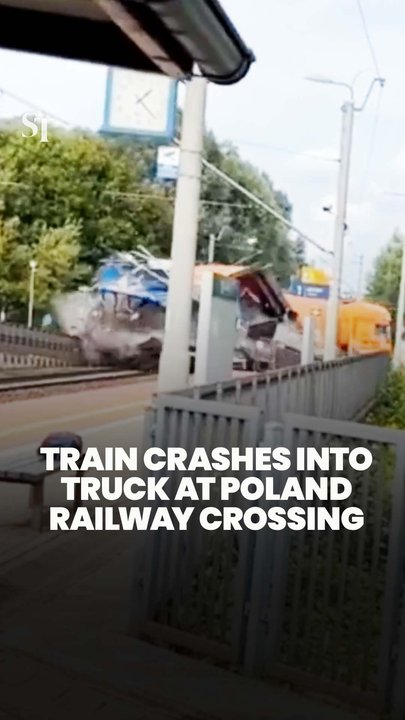 Train crashes into truck at railway crossing in Gdansk, Poland
