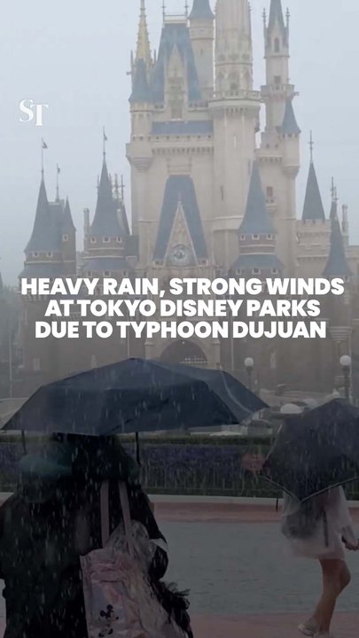 Tokyo Disneyland, DisneySea cast and parkgoers put up umbrellas and ponchos due to Typhoon Dujuan