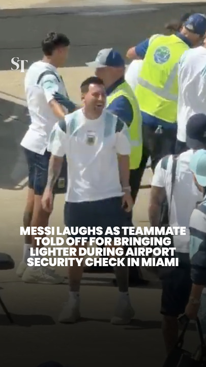 Lionel Messi cannot contain his laughter during a full body search at airport in Miami