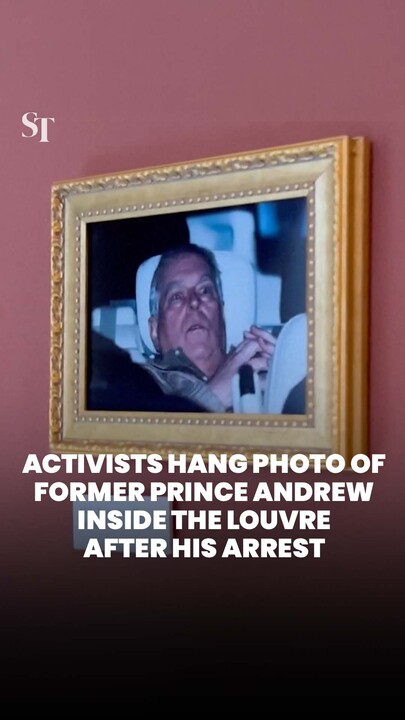 Activists hang photo of former prince Andrew inside the Louvre after his arrest