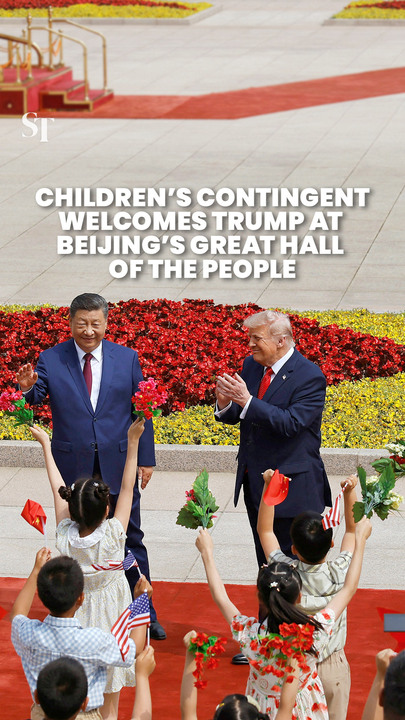 Children’s contingent welcomes Trump at Beijing’s Great Hall of the People