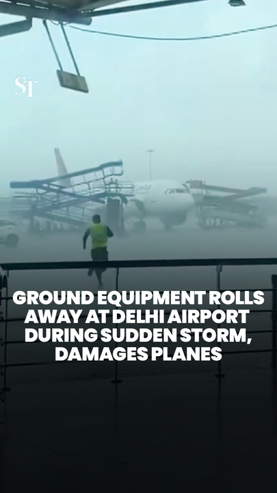 Delhi airport ground equipment move around like toys in massive storm