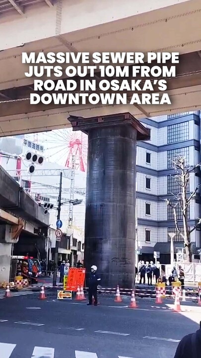Large underground pipe emerges 10m into the air in downtown Osaka