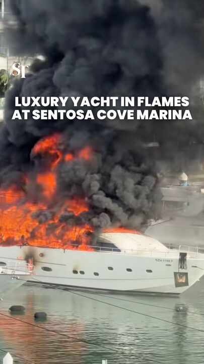 Luxury yacht in flames at Sentosa Cove marina