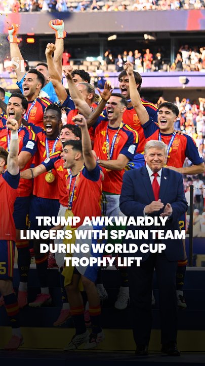 Trump lingers awkwardly to lap up spotlight as Spain celebrate winning World Cup